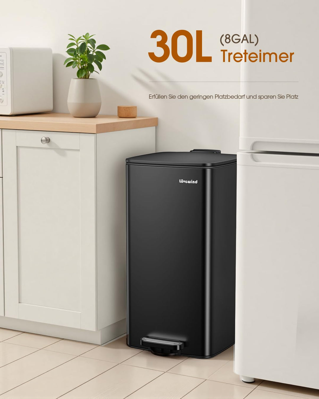 lovewind Küchenabfalleimer, 30L Schwarzer Mülleimer aus Edelstahl mit Pedal, mit Deckel und Inneneim