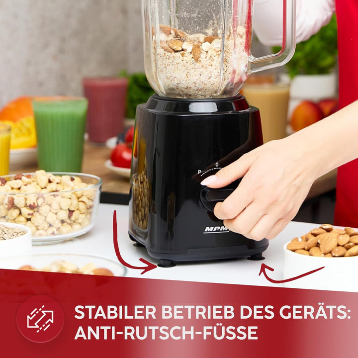 MPM Standmixer MBL-37 - Mixer Küche mit Glasbehälter 1,5L - Starker Mixer mit Edelstahlmessern 750W