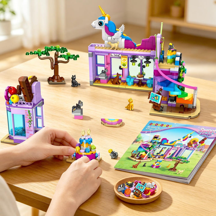HOGOKIDS Friends Mädchen Dessertladen Bausatz mit LED, zusammenklappbar | 3 Anzeigemodi Süsswarenlad