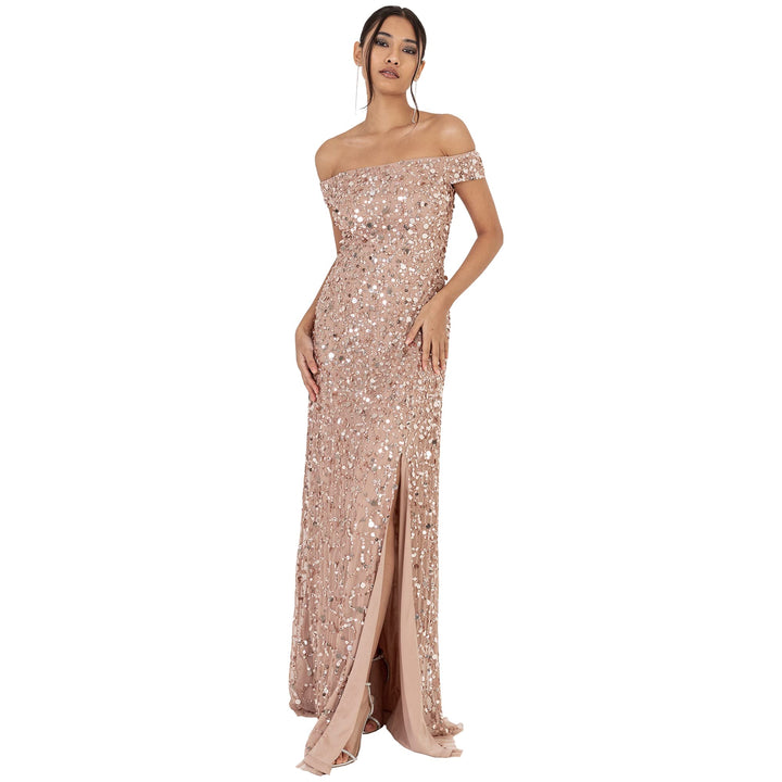 Maya Deluxe Ladies Maxi Dress with Slit Split Bardot Sleevless Sequin Embellishment Evening Gown for
