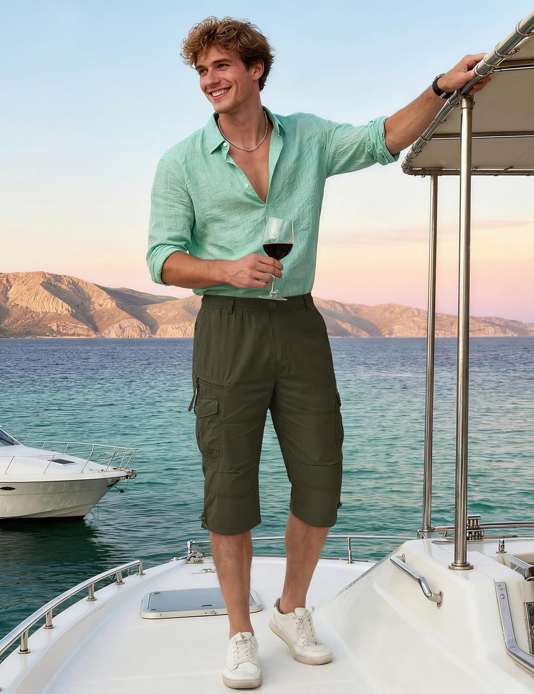 KEFITEVD 3/4 Hose Herren Cargo Shorts Männer Bermuda Shorts Multi Taschen Sommer Kurze Hose Baumwoll