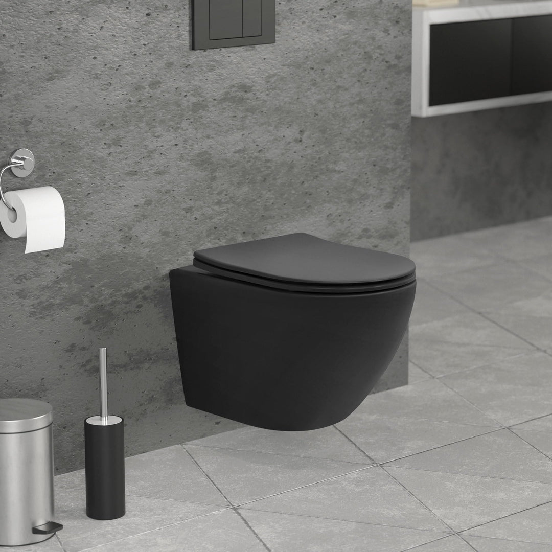 ECD Germany Hänge-WC kurz, spülrandlos, schwarz matt, Wand-WC mit WC-Sitz abnehmbar aus Duroplast So
