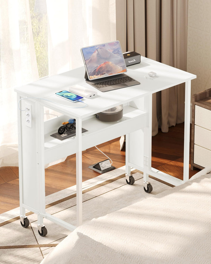 Klappbarer Computertisch mit Rollen, Kleiner Klapptisch mit Ladestation, 80 cm klappbarer Schreibtis