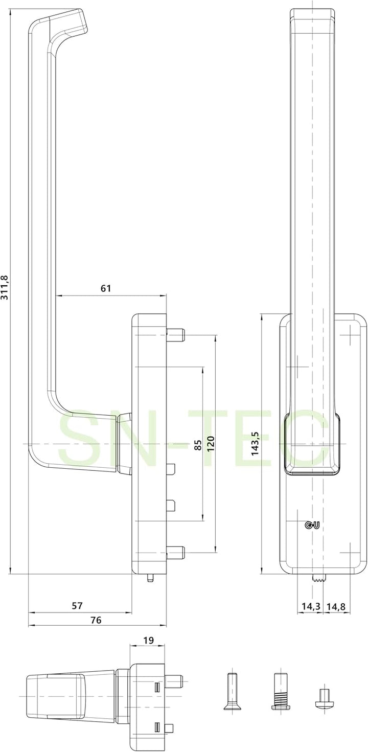 SN-TEC GU Schiebetür PSK Drehgriff DIRIGENT 966/976, 34225 oder auch 30152, DIN Rechts silber EV1 mi