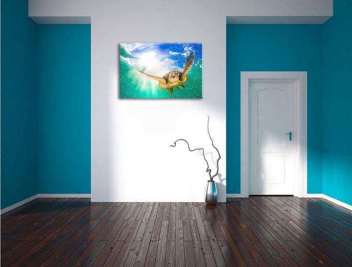 Pixxprint Meeresschildkröte / 100x70cm Leinwandbild bespannt auf Holzrahmen/Wandbild Kunstdruck Deko