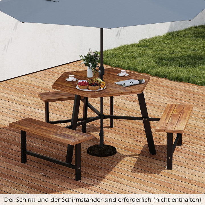 COSTWAY Picknicktisch Set für 6 Personen, Gartentisch aus Akazienholz mit Schirmloch &amp; 3 Bänken, Ter