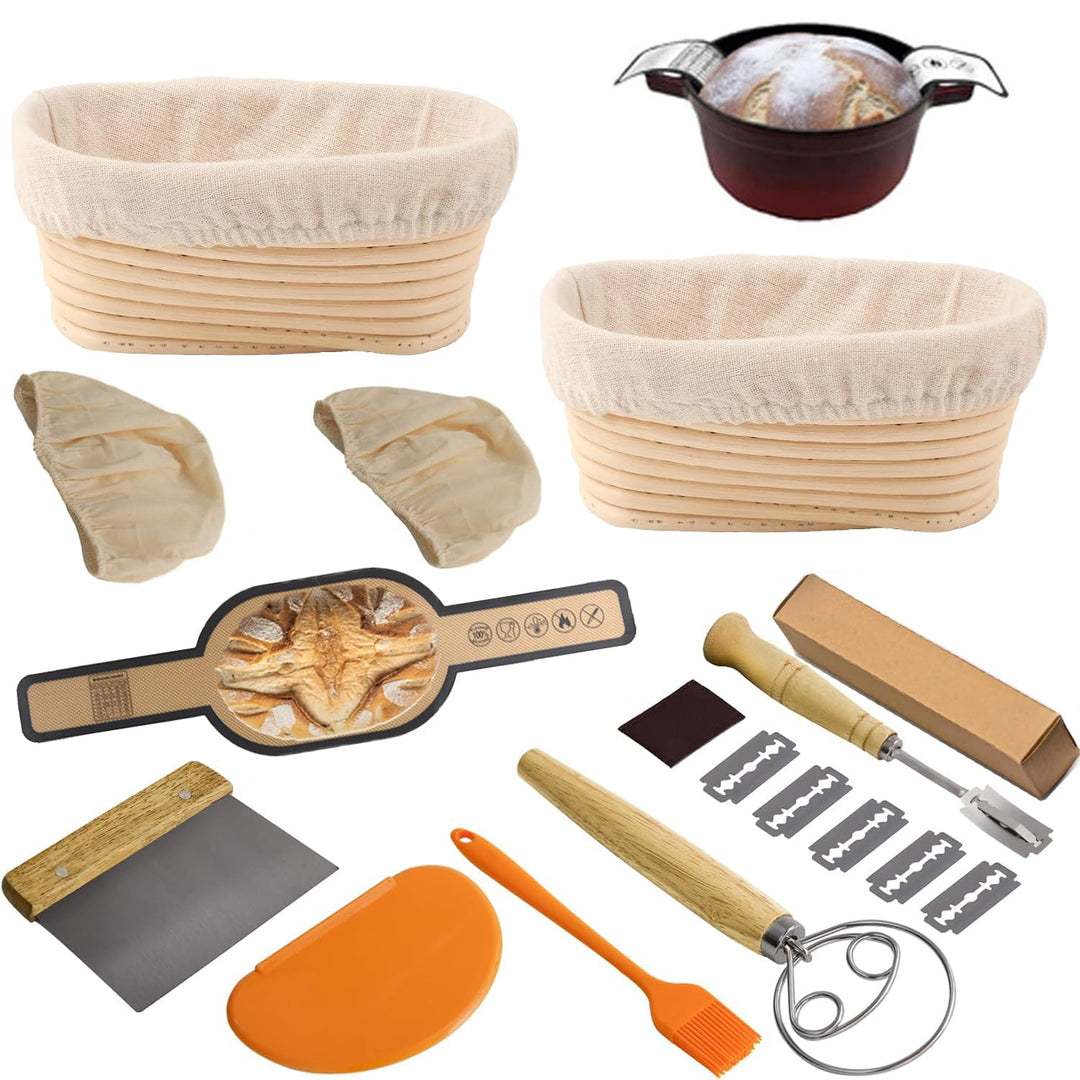 Gärkörbchen-Set, 2 ovale Gärkörbchen (25 cm), Silikon-Brotschlinge, dänischer Teigbesen, Teigschaber