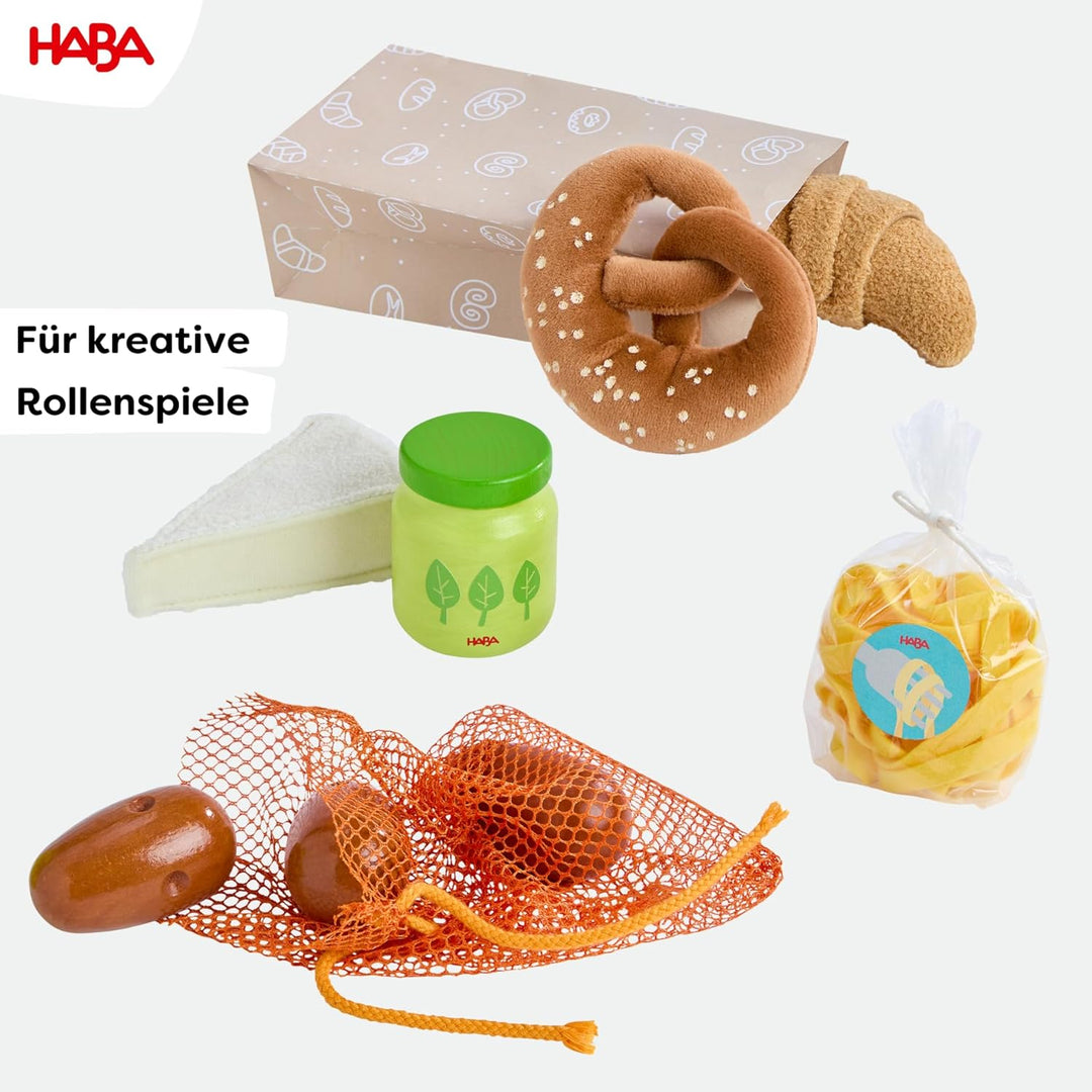 HABA Creative Play – Einkaufskorb – Spielzeug-Einkaufstasche mit Lebensmitteln aus Holz & Stoff – Zu