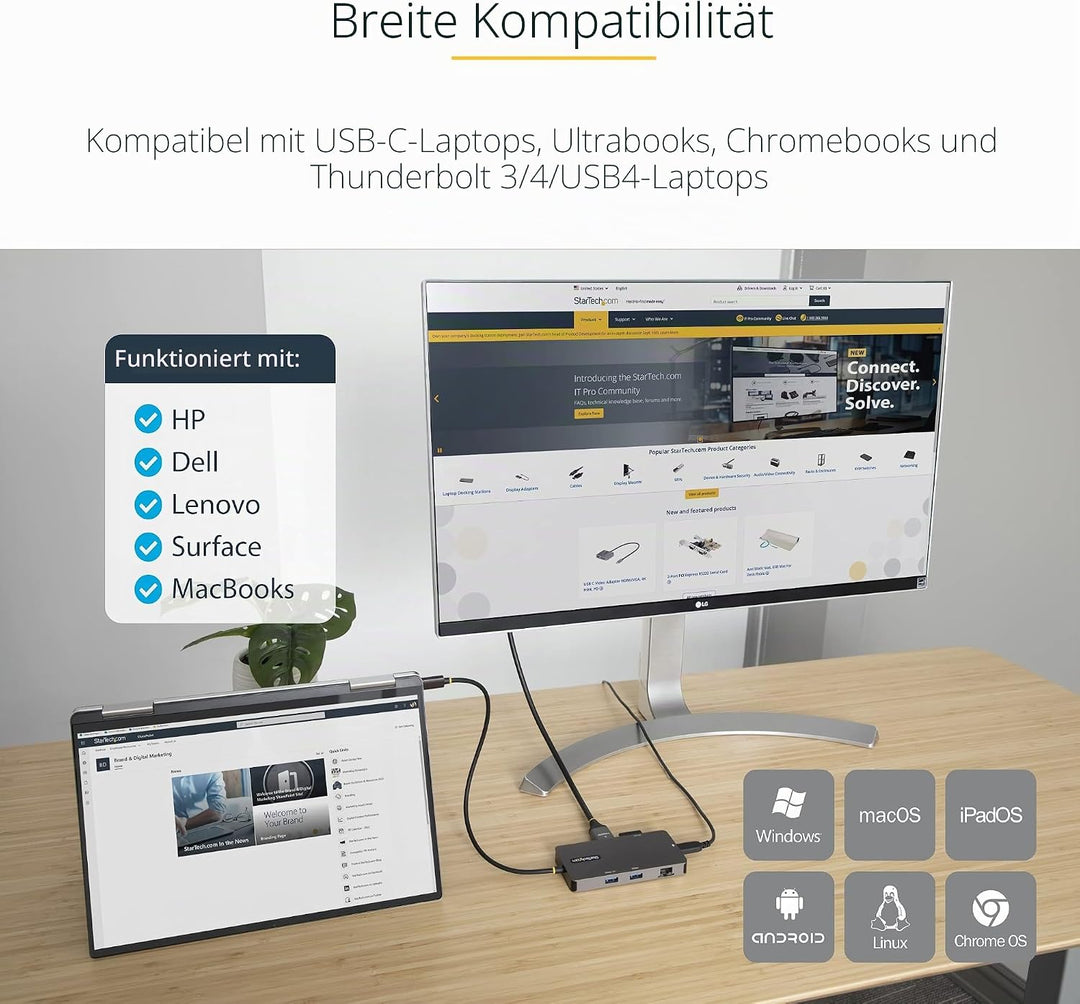 StarTech.com USB C Multiport Adapter, USB C auf Dual HDMI Video, 4K 60Hz, 5Gbit/s USB-A Hub, 100W PD