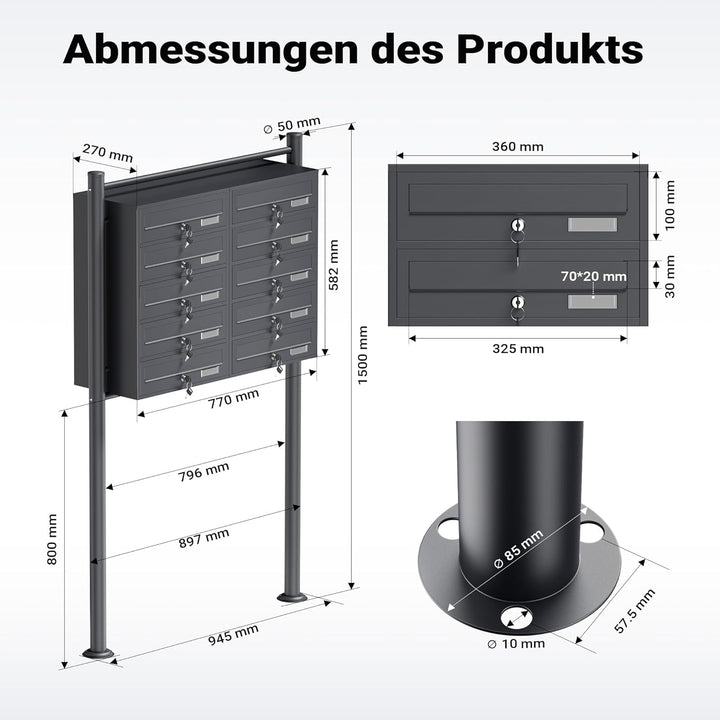Wiltec 10er Briefkastenanlage Anthrazit 898 x 270 x 1500 mm, Standbriefkasten mit 2x5 Fächern, Schlü