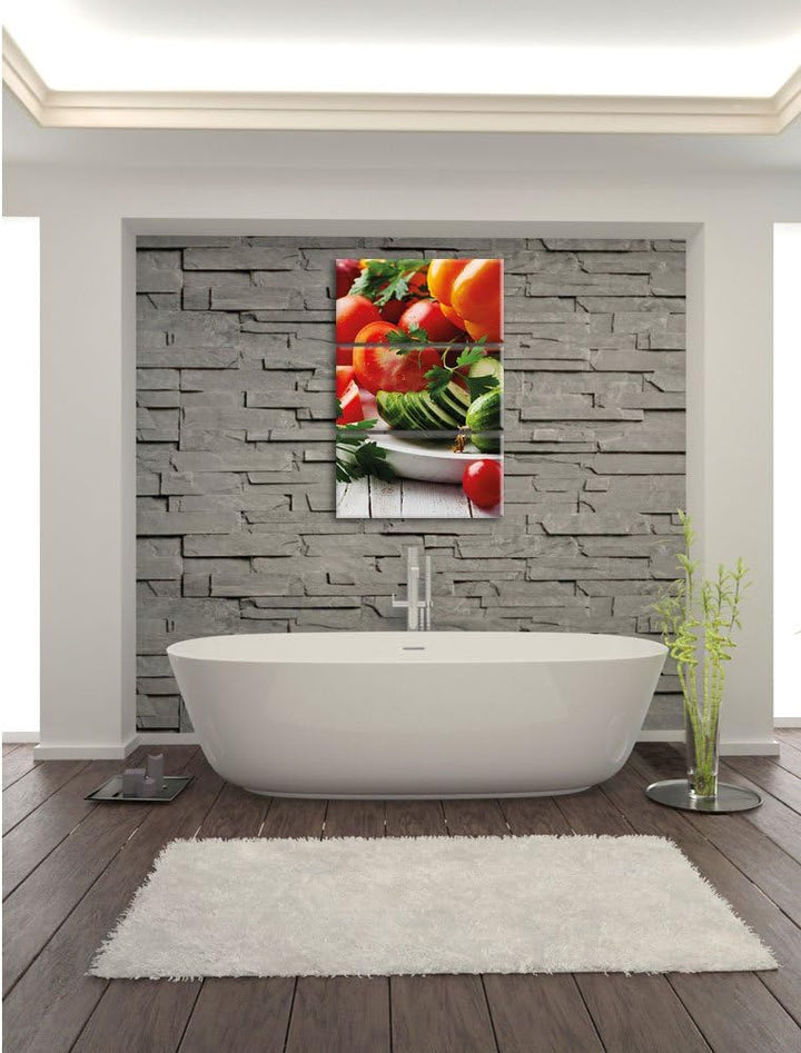 Pixxprint Obst Gurke Gemüse Salat Essen Tomate 3-Teiler Leinwandbild 120x80 Bild auf Leinwand