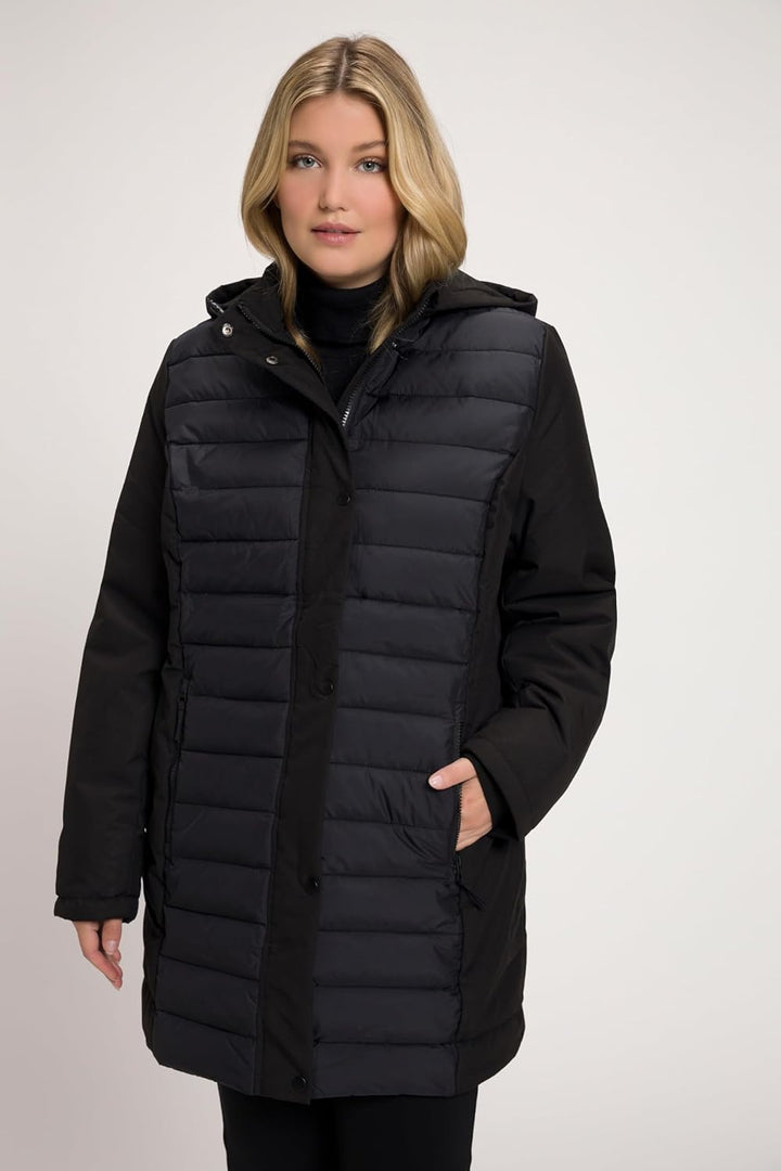 Ulla Popken Damen Hybrid, Wasserabweisend, Stepp/Softshell, Kapuze Jacke, Schwarz