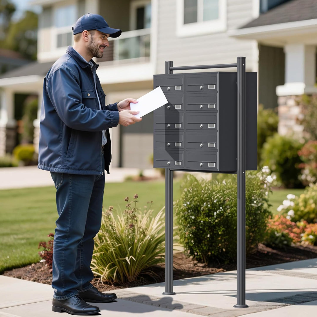 Wiltec 10er Briefkastenanlage Anthrazit 898 x 270 x 1500 mm, Standbriefkasten mit 2x5 Fächern, Schlü