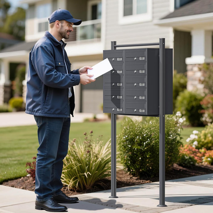 Wiltec 10er Briefkastenanlage Anthrazit 898 x 270 x 1500 mm, Standbriefkasten mit 2x5 Fächern, Schlü