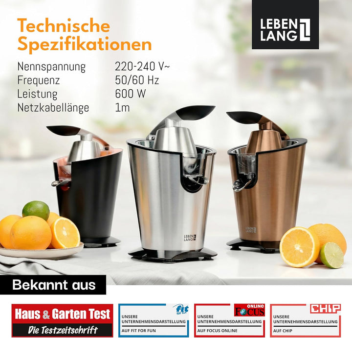 LEBENLANG Saftpresse elektrisch 600W - Inkl. Edelstahlkegel & BPA-Frei I Hohe Ergiebigkeit I Orange