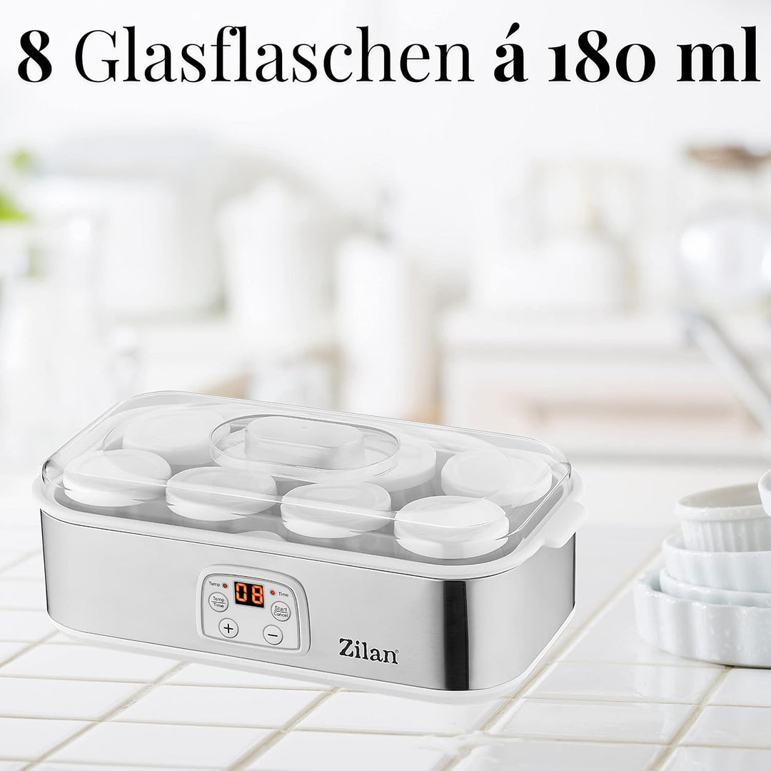 Joghurt Maker | Joghurtmaschine | 1,44 Liter | 8 Glasflaschen á 180 ml | Digitales Display | Tempera