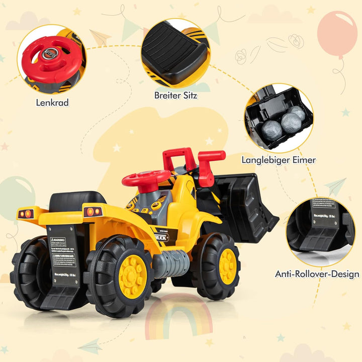DREAMADE Kinder Sitzbagger, Aufsitzbagger mit Schaufel &amp; eingebautem Stauraum, Sandbagger mit Sound-