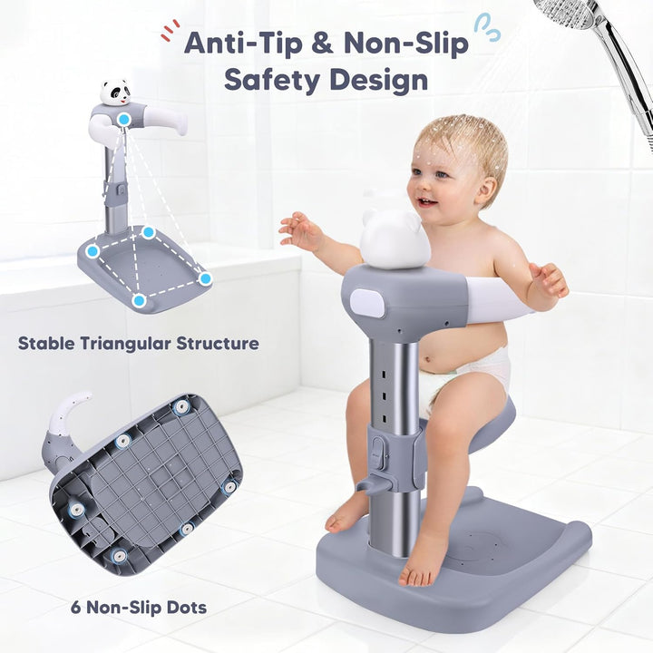Baby Dusche Ständer, Einstellbarer Duschständer Kind mit Duschsitz &amp; Antirutsch-Basis, Baby Badewann