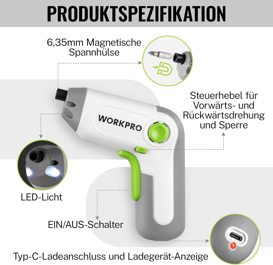 WORKPRO Akkuschrauber Set 3,6V, Exzentrischer Schraubendreher, mit 21 Bits und Verlängerungsstange,