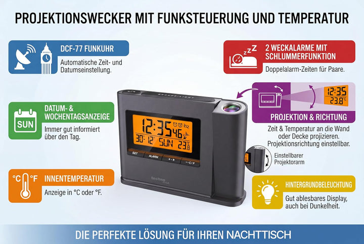 Technoline Projektionswecker WT 519 mit Funkuhr, Innentemperaturanzeige und Datumsanzeige, Mehrfarbi