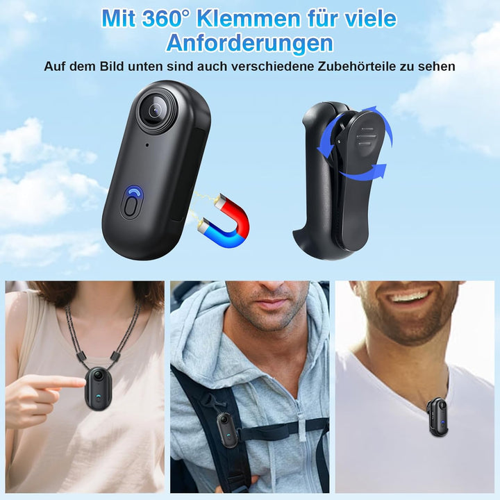 Actionkamera HD 1080P mit WiFi, Kleine wasserdichte Kamera 30M (IPX8) | 120 Min Akkulaufzeit | 360°+
