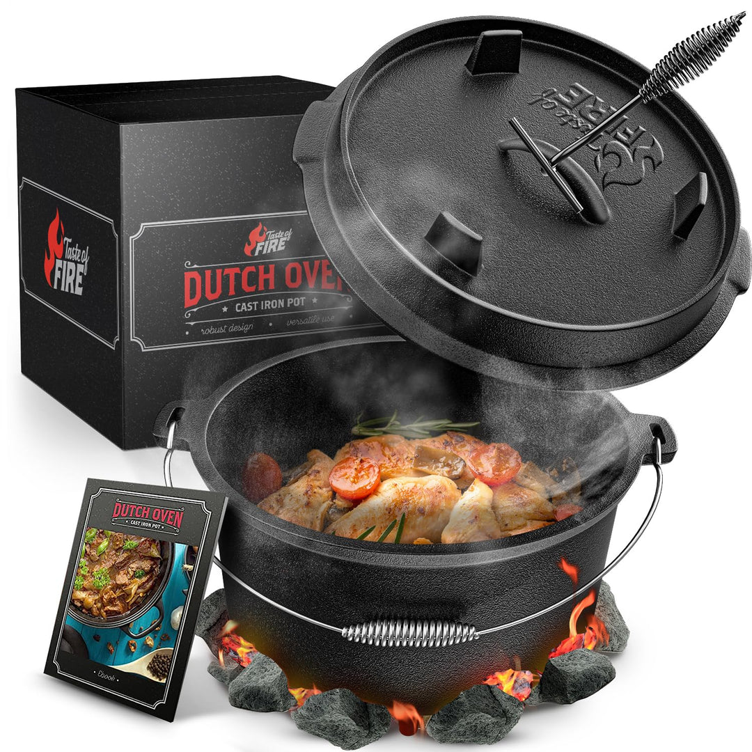 BBQ Dutch Oven [Das Original] - Dutch Oven Set [9L] – Eingebrannter Feuertopf aus Gusseisen mit Füss