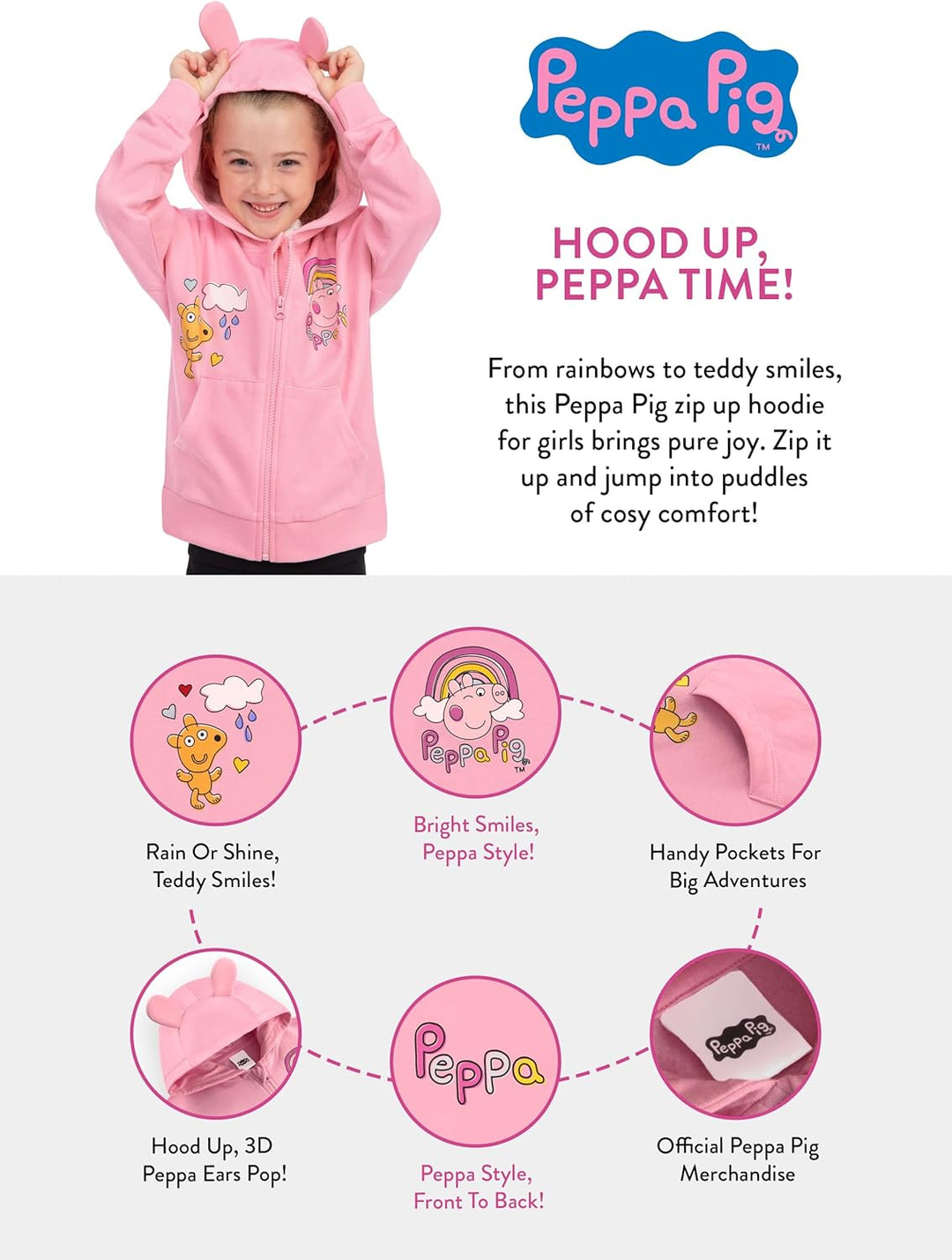 Peppa Pig Hoodie Mädchen, Zip Hoodie Kinder Mit 3D Ohren, Rosa Mädchen Kleidung Aus Baumwolle 128, 1