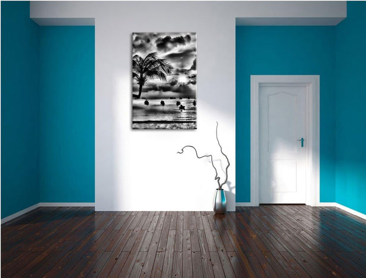 Pixxprint Monocrome, Palmen an Traumstrand, Format: 100x70 auf Leinwand, 100x70