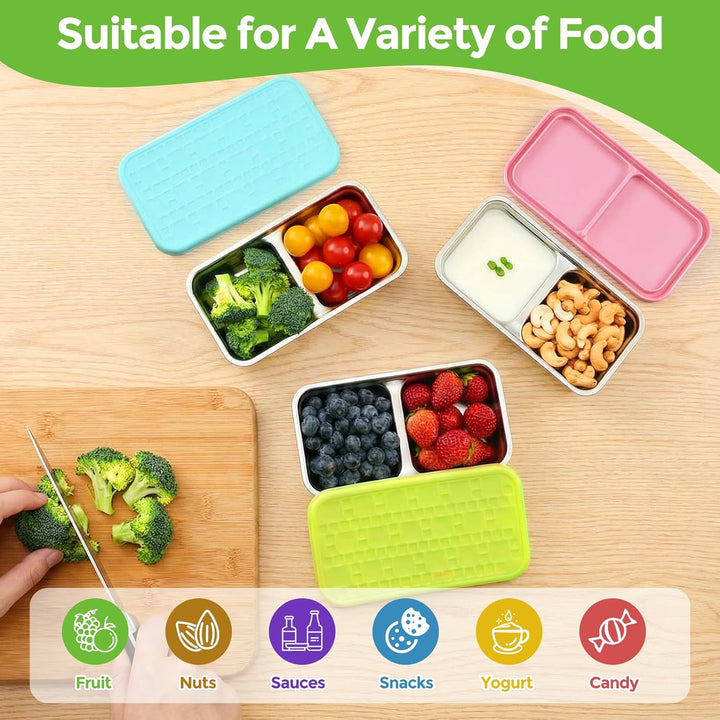 Edelstahl Snackbox mit Fächern und Silikondeckel, 3 Pack Snackteller Stapelbar & Auslaufsicher Snack