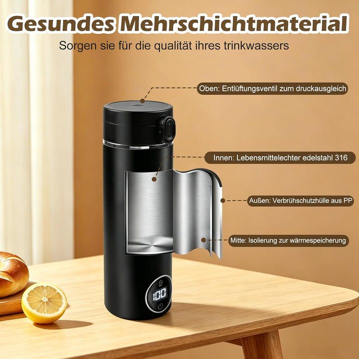 Elektrischer Reisewasserkocher Klein 500ML/ 300W,Tragbarer Wasserkocher Mini Wassertasse Edelstahl 3