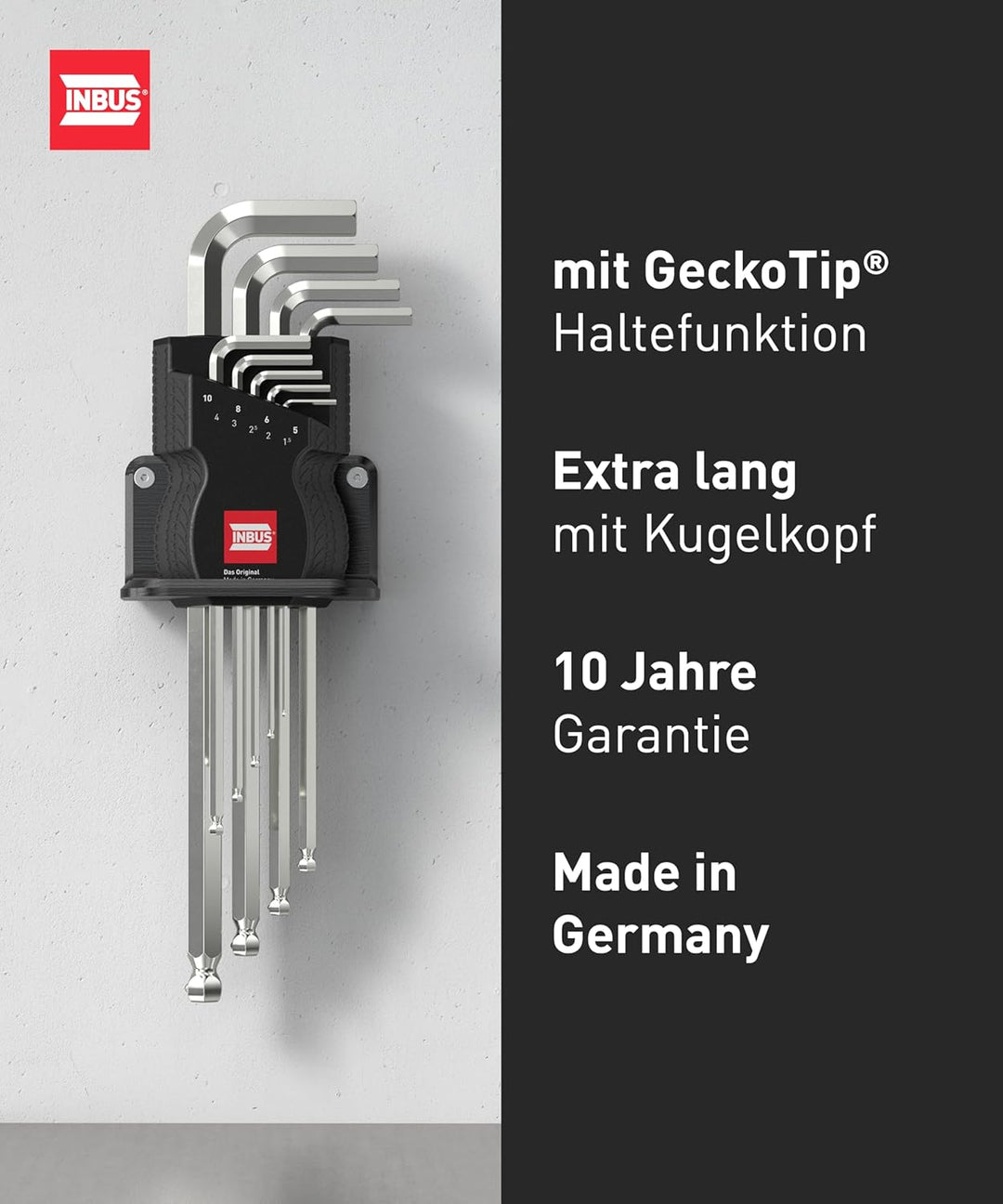 INBUS® 76893 — Das Original. Made in Germany — Set 9tlg, 1.5–10mm, mit GeckoTip® & Kugelkopf 9× (1.5