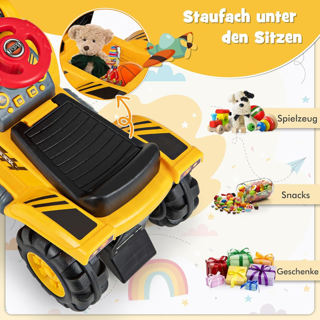 DREAMADE Kinder Sitzbagger, Aufsitzbagger mit Schaufel &amp; eingebautem Stauraum, Sandbagger mit Sound-