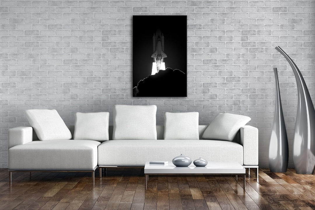 deyoli startende NASA Rakete Effekt: Schwarz/Weiss Format: 80x60 als Leinwand, Motiv fertig gerahmt