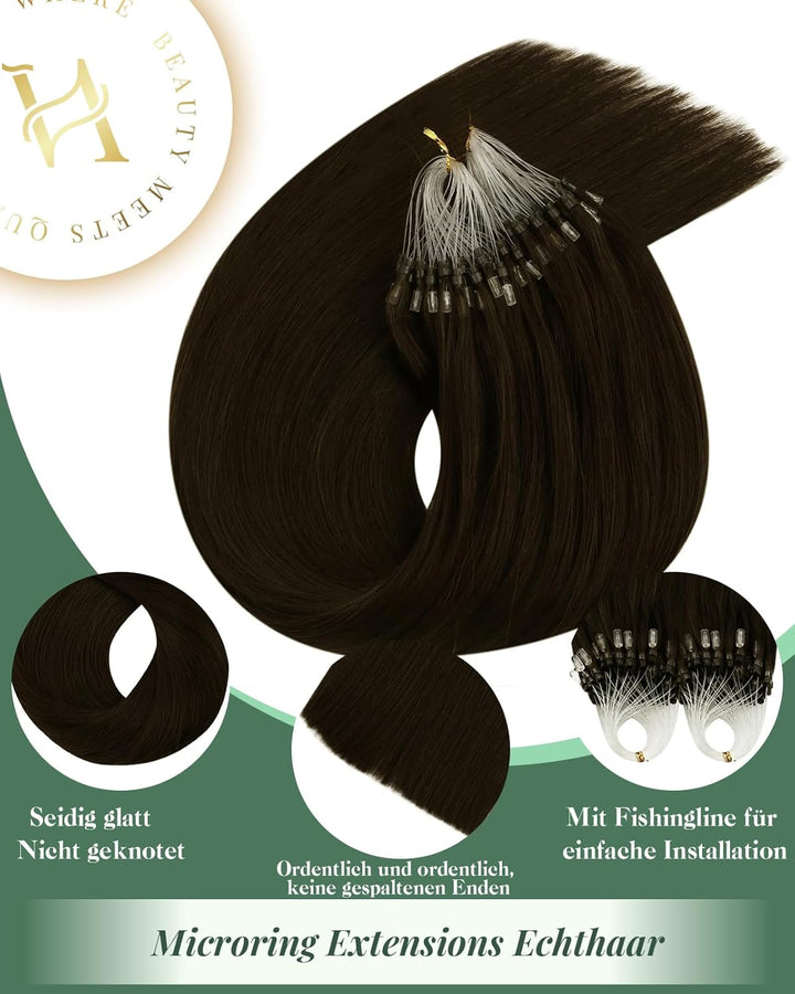 Ugeat Extensions Echthaar Microring 40 cm Braun Seidig Microring Extensions Echthaar Schokobraun für