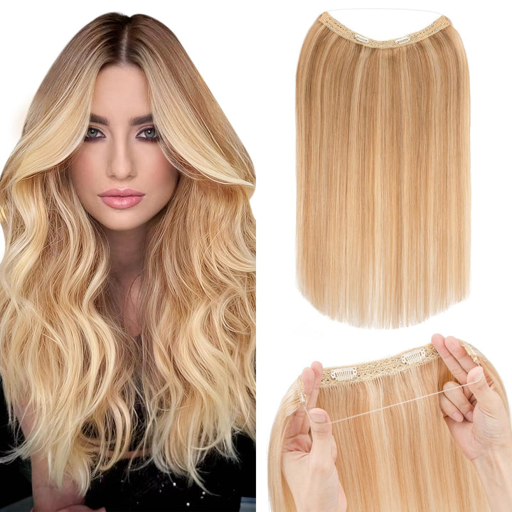 Extensions Echthaar mit transparenter Schnur, Silk-co Wire in Extensions Goldenbraun mix Bleichblond