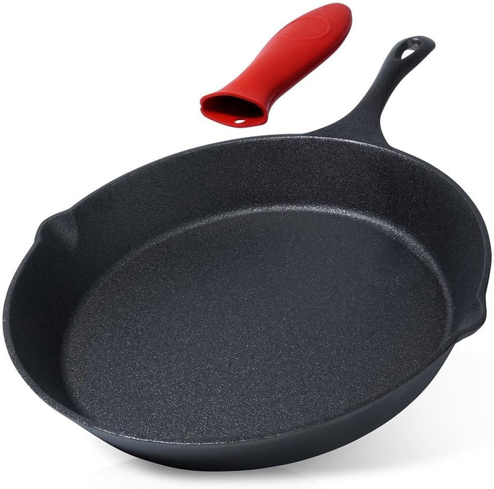 Vilde Gusseisenpfanne 30 cm - Vielseitige Gusseiserne Pfanne mit Rotem Silikongriffschutz - Ideal fü