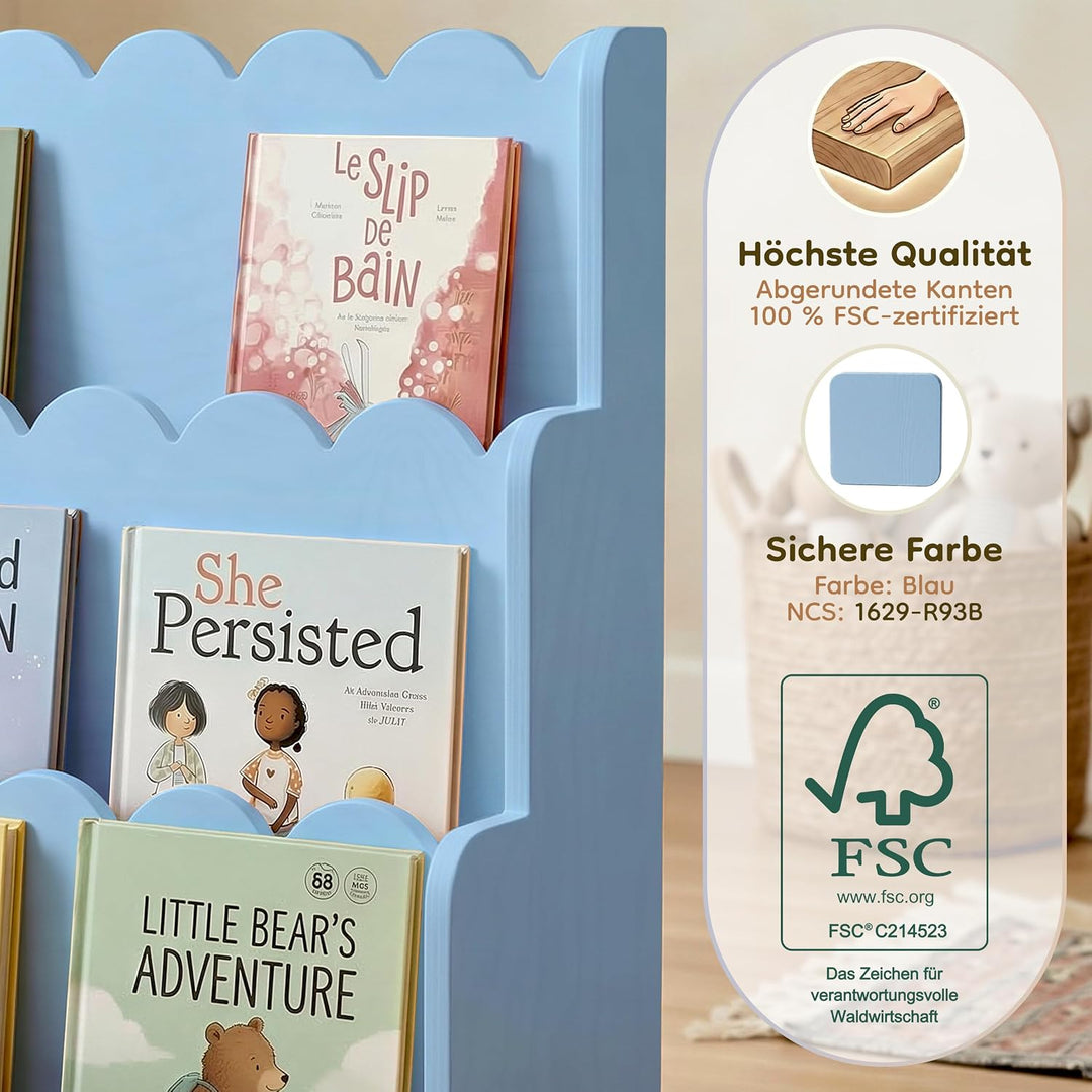 smartwood Montessori Bücherregal Kinder, FSC-Kiefernholz, Blau, LULU | 3-stufig, 64x31,5x71 cm, Einf