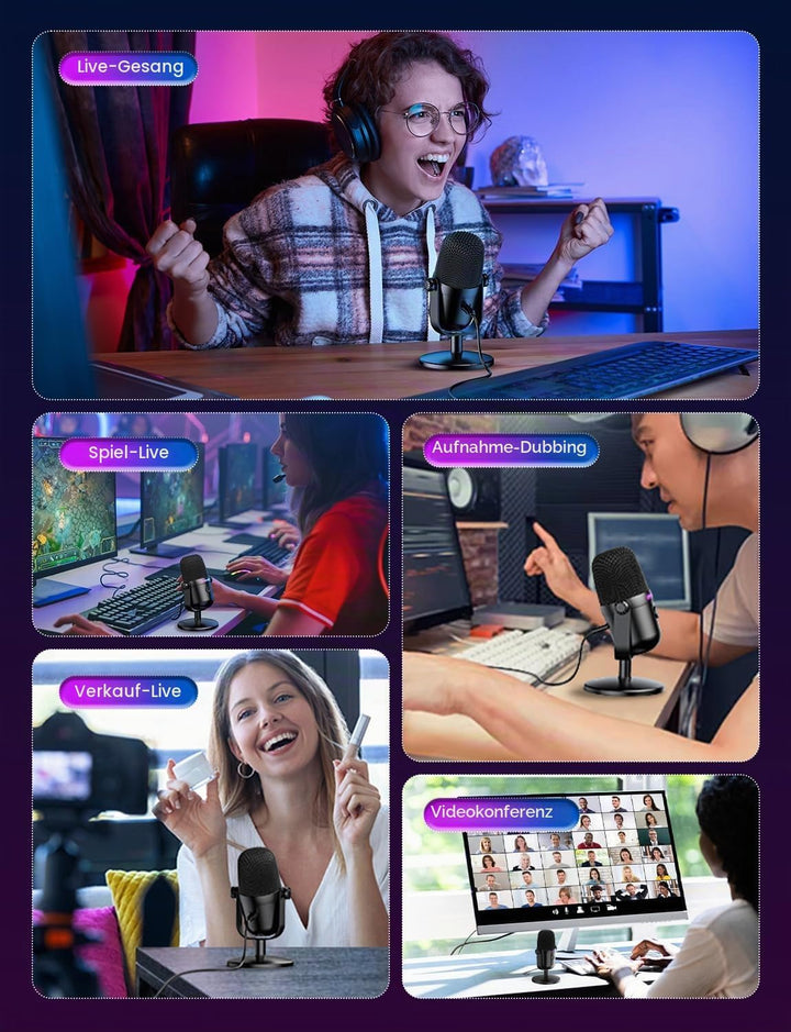 Gaming-Mikrofon mit Geräuschunterdrückung & Stummschalttaste, USB-Kondensatormikrofon für Streaming/