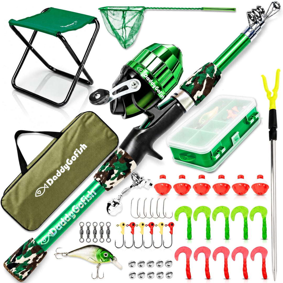 DaddyGoFish Kinder Angelset - Teleskoprute & Rolle Combo mit Klappstuhl, Rutenhalter, Tackle Box, Kö