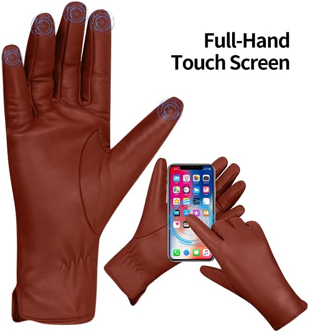 MGGMOKAY Damen Lederhandschuhe Kaschmir gefüttert L Rötlich-braun(thouchscreen), L Rötlich-brau