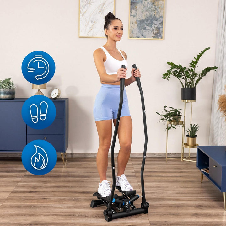 Gymtek Stepper, Drehstepper mit Haltegriffen & Expanderbänder - mit LCD-Bildschirm, Schrittzähler un