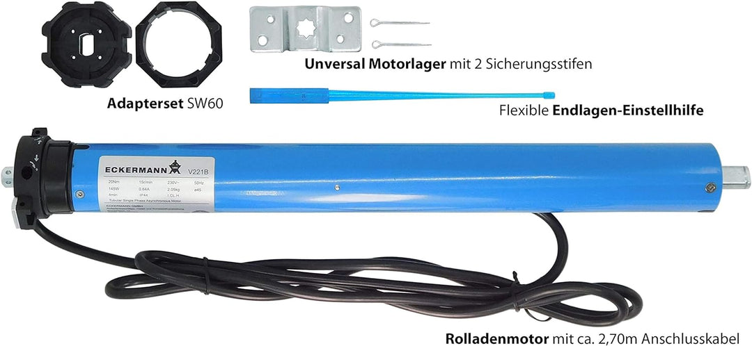 Rolladenmotor für SW60 Rolladenwelle, Rohrmotor 60mm Rolladenantrieb 20Nm Komplettset | markiso, 20N