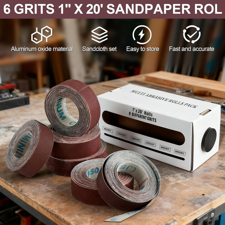6 Rollen Schleifpapier Rolle mit Spender, 2,5 cm x 6 m Schleifleinen 80/120/240/320/400/600 Körnung,