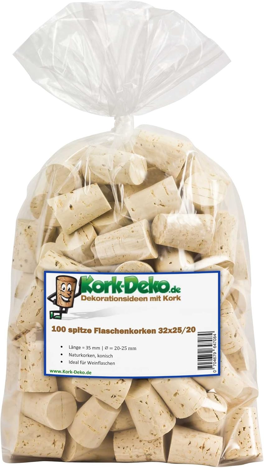100 spitze Flaschenkorken 32x25/20 mm (Länge: 32 mm, Durchmesser: 20-25 mm, konisch). Naturkorken. V