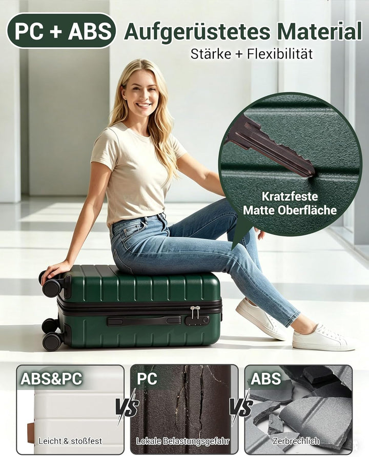 Handgepäck Koffer 3er Set, Leichter ABS+PC Reisekoffer für Flugzeug, Ryanair Trolley mit 4 Rollen, H
