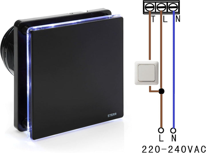 STERR Schwarzer Badlüfter 100 mm mit LED + TIMER - Badezimmerventilator - Glasfront - Modernes Ausse