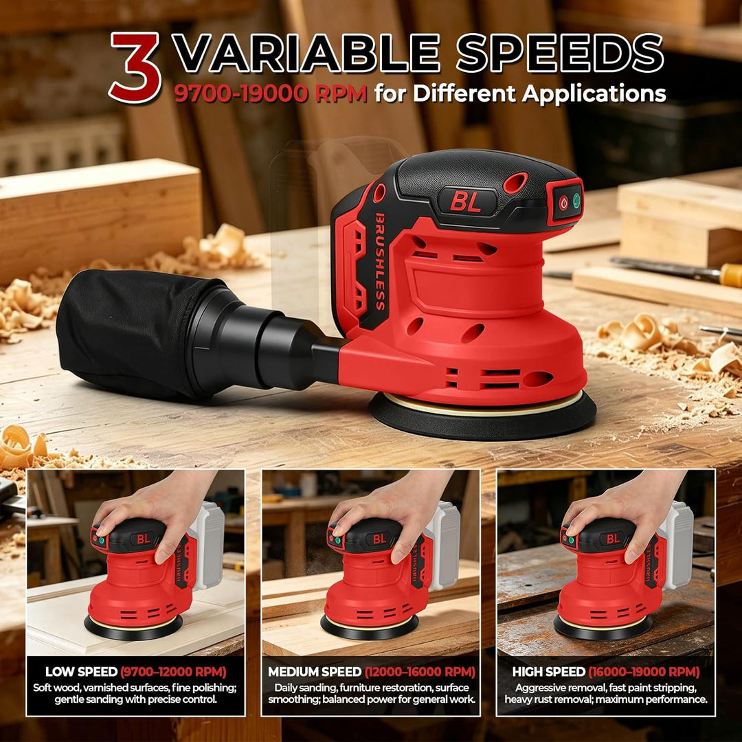 Akku-Exzenterschleifer, Kompatibel mit Milwaukee 18V Batterie, 3 Geschwindigkeiten, 9700-19000 U/min