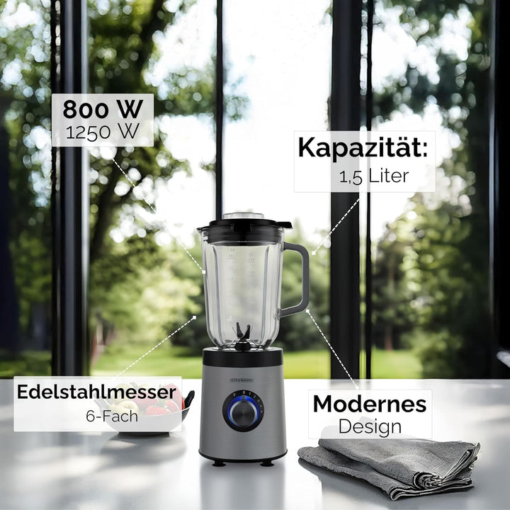 Standmixer | 800 Watt | 6-Fach Metallmesser | 1,5 Liter | 5 Stufen | Glas Edelstahl | Pulsfunktion |