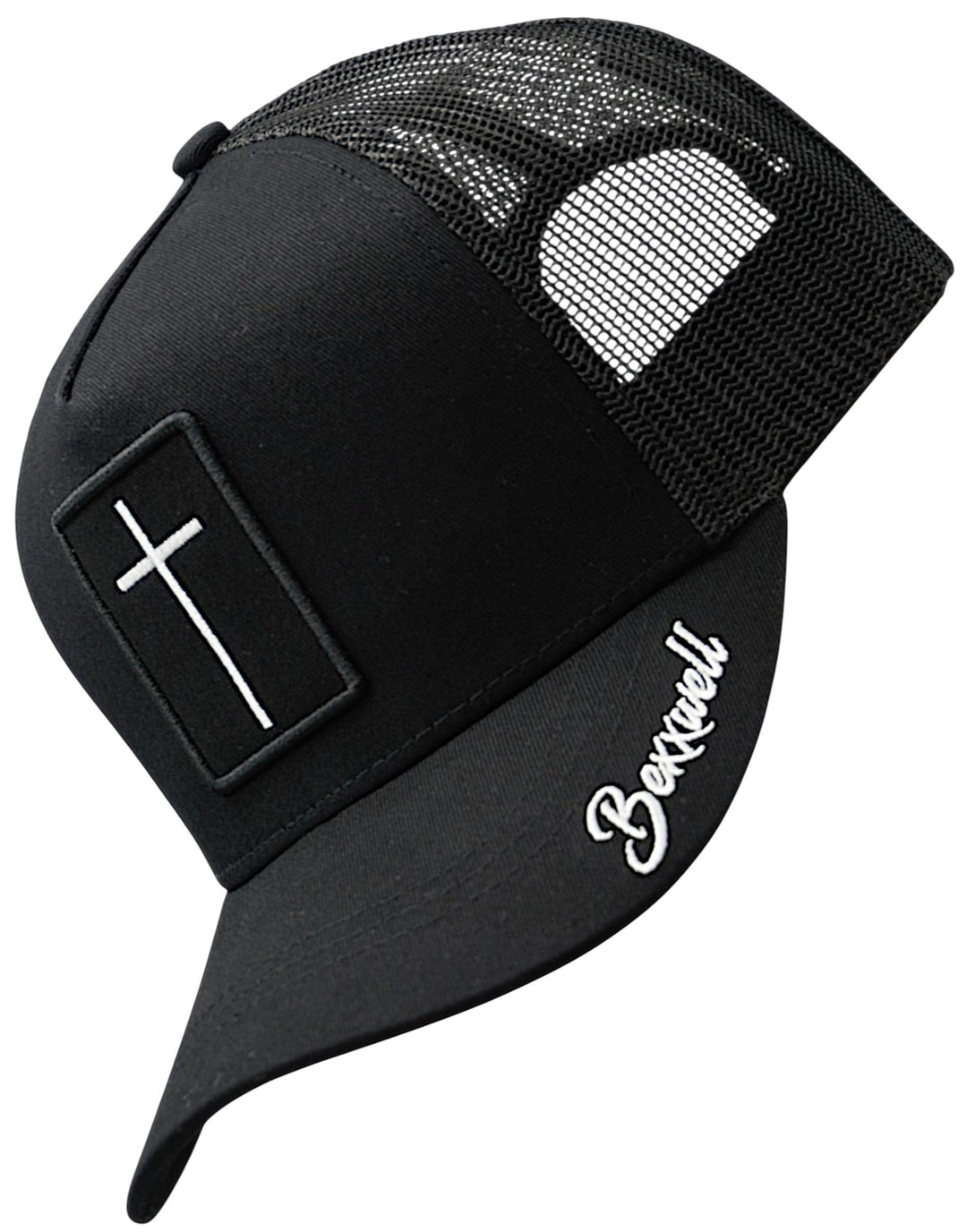 Bexxwell Trucker Cap schwarz mit Kreuz-Patch (optimale Passform, Kappe, Black, Truckercap, Cross, Ca