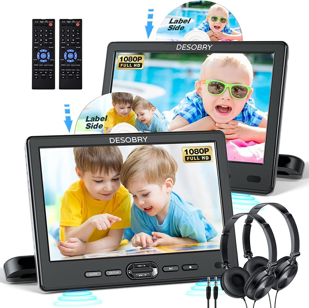 DESOBRY Auto DVD Player 10,5 Zoll 2 Monitore Kopfstütze 2 Kopfhörer HDMI Eingang AV Kabel, Kinder Fe